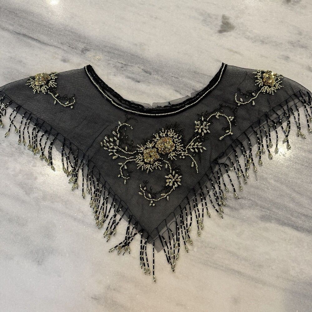 Vintage Beaded Mesh Capelet Black Gold Fringe Flapper Art Deco Collar Floral